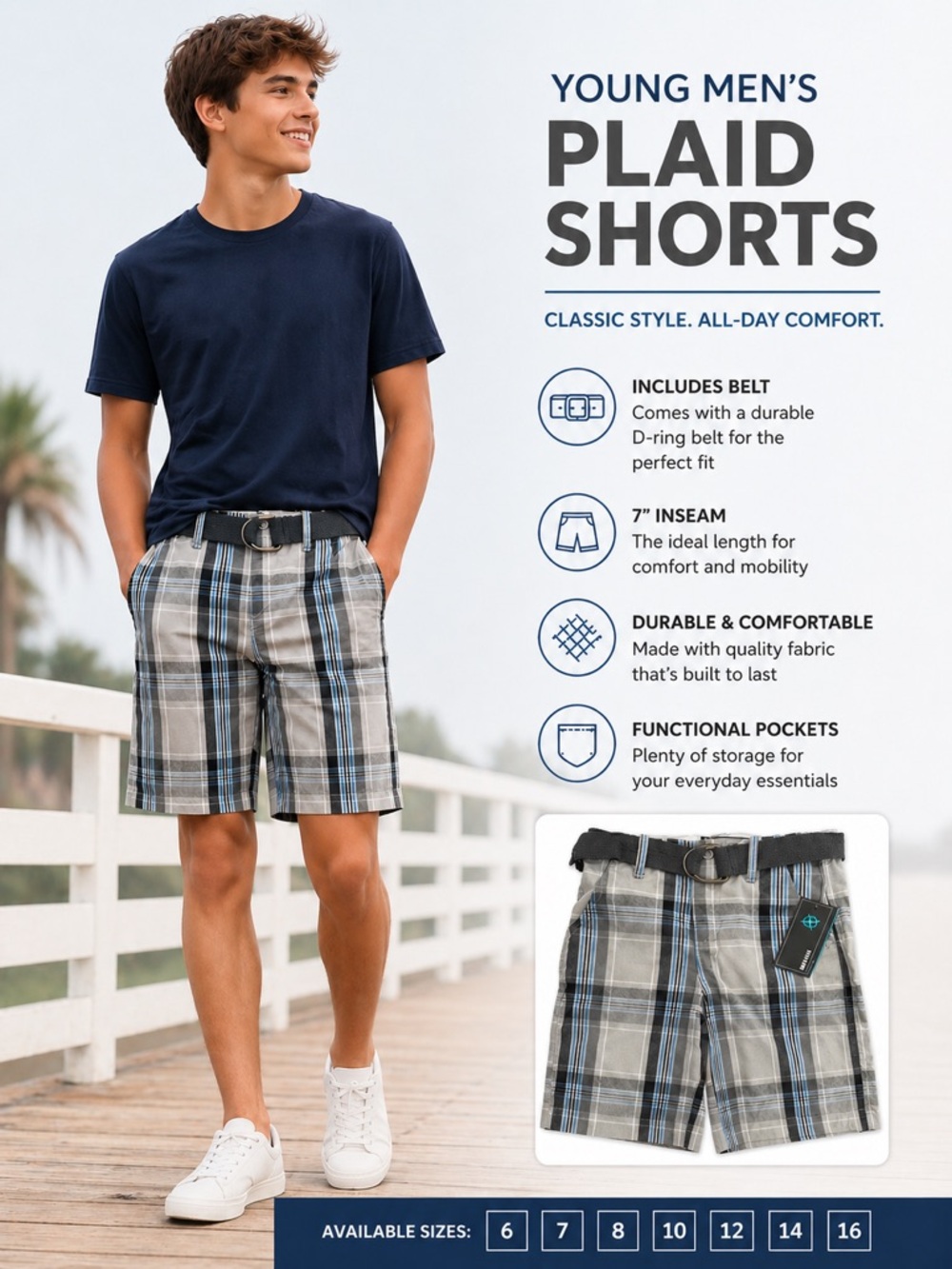 Young Men's Plaid Shorts in Gray & Blue